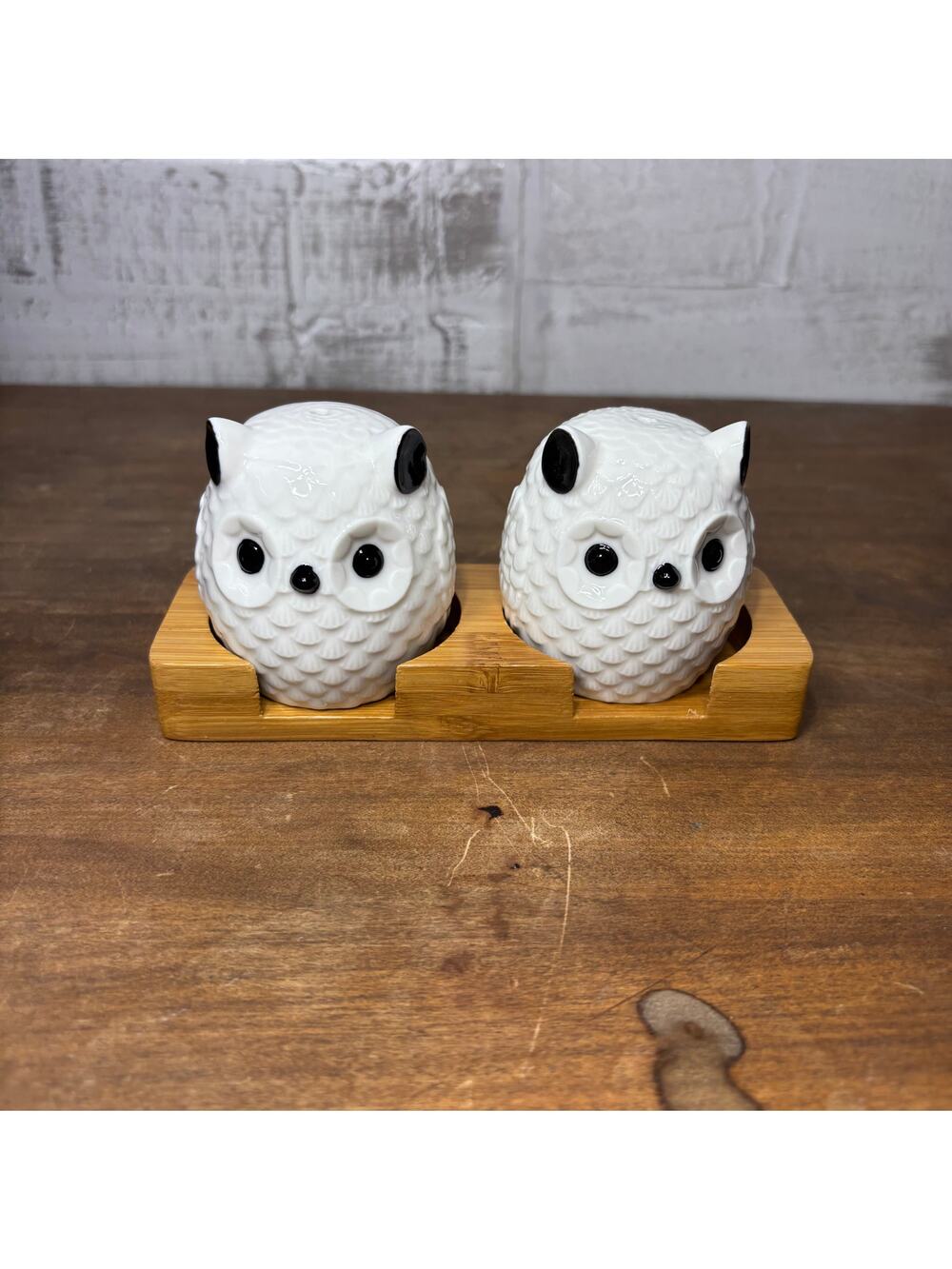 Owl Salt & Pepper Shakers w/ Bamboo Stand